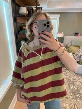 Free People Olive & Burgundy Striped Boxy Sweatshirt